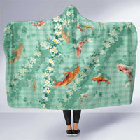 Green Palaka Hawaiian And Japanese Hooded Blanket Sakura Lei With Koi Fish DT05 One Size Green - Polynesian Pride
