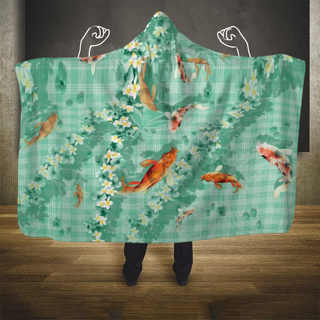 Green Palaka Hawaiian And Japanese Hooded Blanket Sakura Lei With Koi Fish DT05 - Polynesian Pride