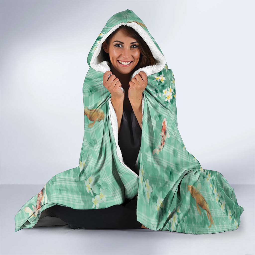 Green Palaka Hawaiian And Japanese Hooded Blanket Sakura Lei With Koi Fish DT05 - Polynesian Pride