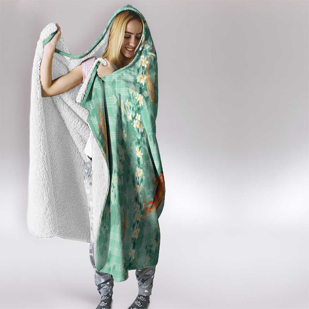 Green Palaka Hawaiian And Japanese Hooded Blanket Sakura Lei With Koi Fish DT05 - Polynesian Pride
