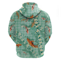 Green Palaka Hawaiian And Japanese Hoodie Sakura Lei With Koi Fish - Polynesian Pride