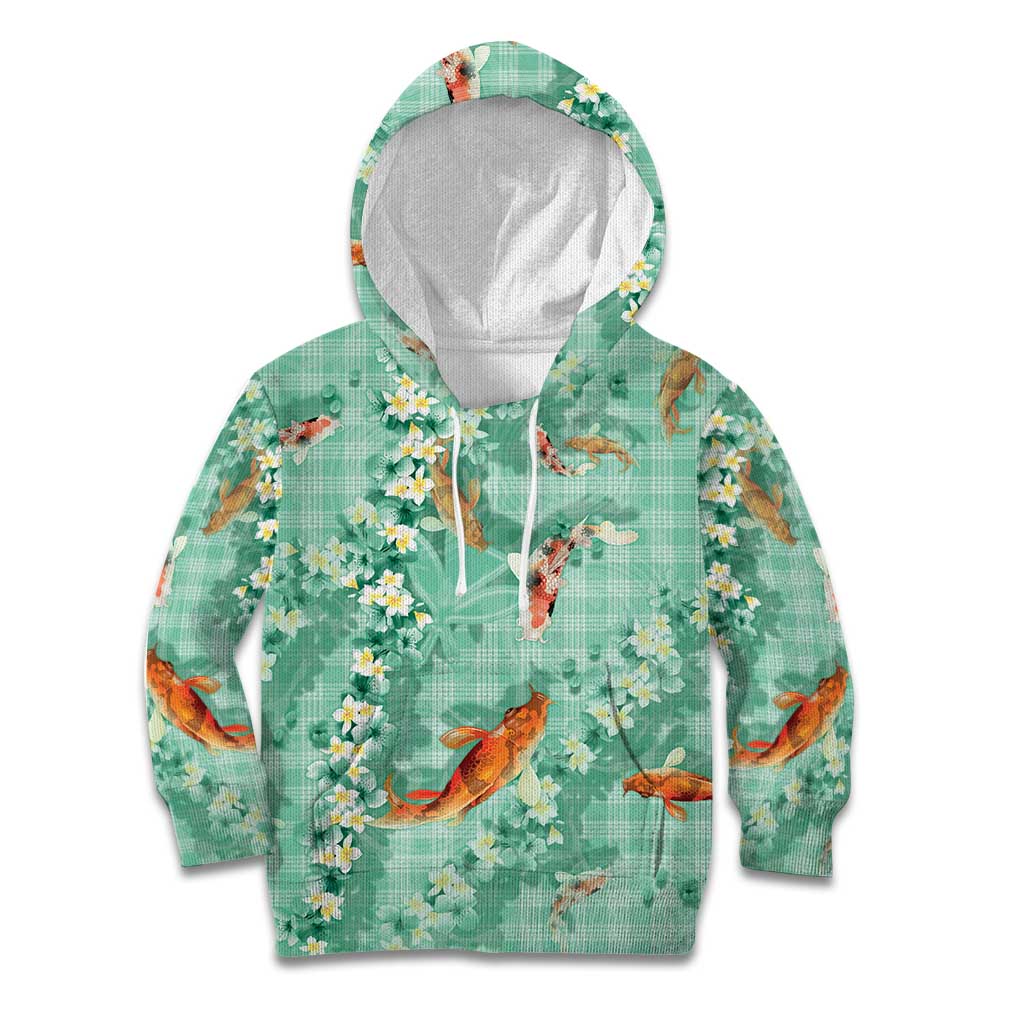 Green Palaka Hawaiian And Japanese Kid Hoodie Sakura Lei With Koi Fish - Polynesian Pride