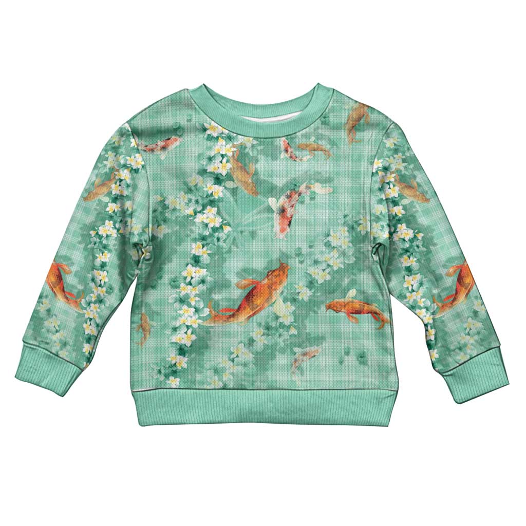 Green Palaka Hawaiian And Japanese Kid Ugly Christmas Sweater Sakura Lei With Koi Fish - Polynesian Pride