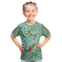 Green Palaka Hawaiian And Japanese Kid T Shirt Sakura Lei With Koi Fish - Polynesian Pride