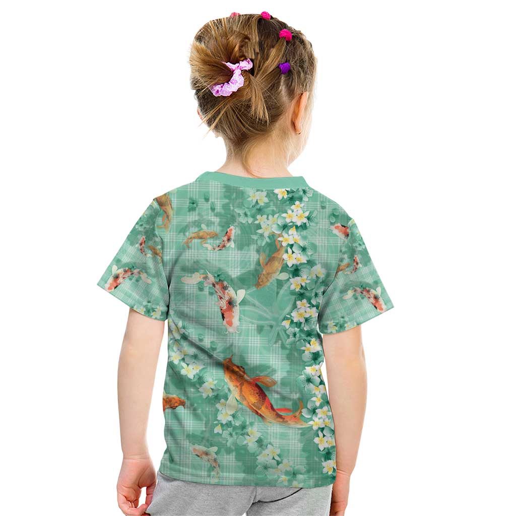 Green Palaka Hawaiian And Japanese Kid T Shirt Sakura Lei With Koi Fish - Polynesian Pride