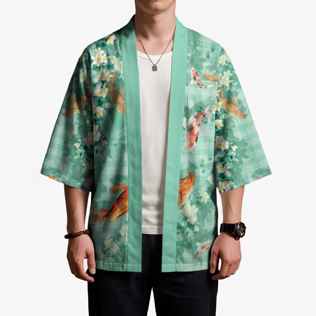 Green Palaka Hawaiian And Japanese Kimono Sakura Lei With Koi Fish - Polynesian Pride