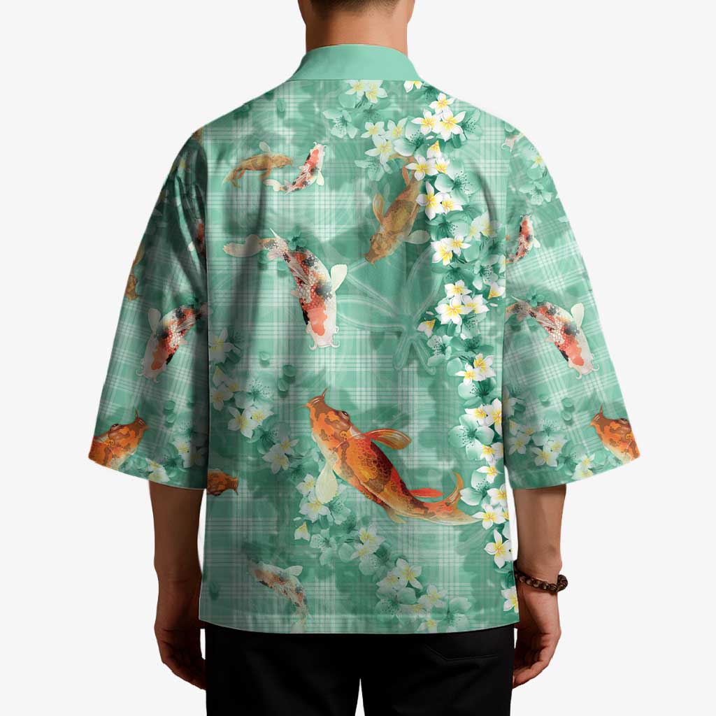 Green Palaka Hawaiian And Japanese Kimono Sakura Lei With Koi Fish - Polynesian Pride