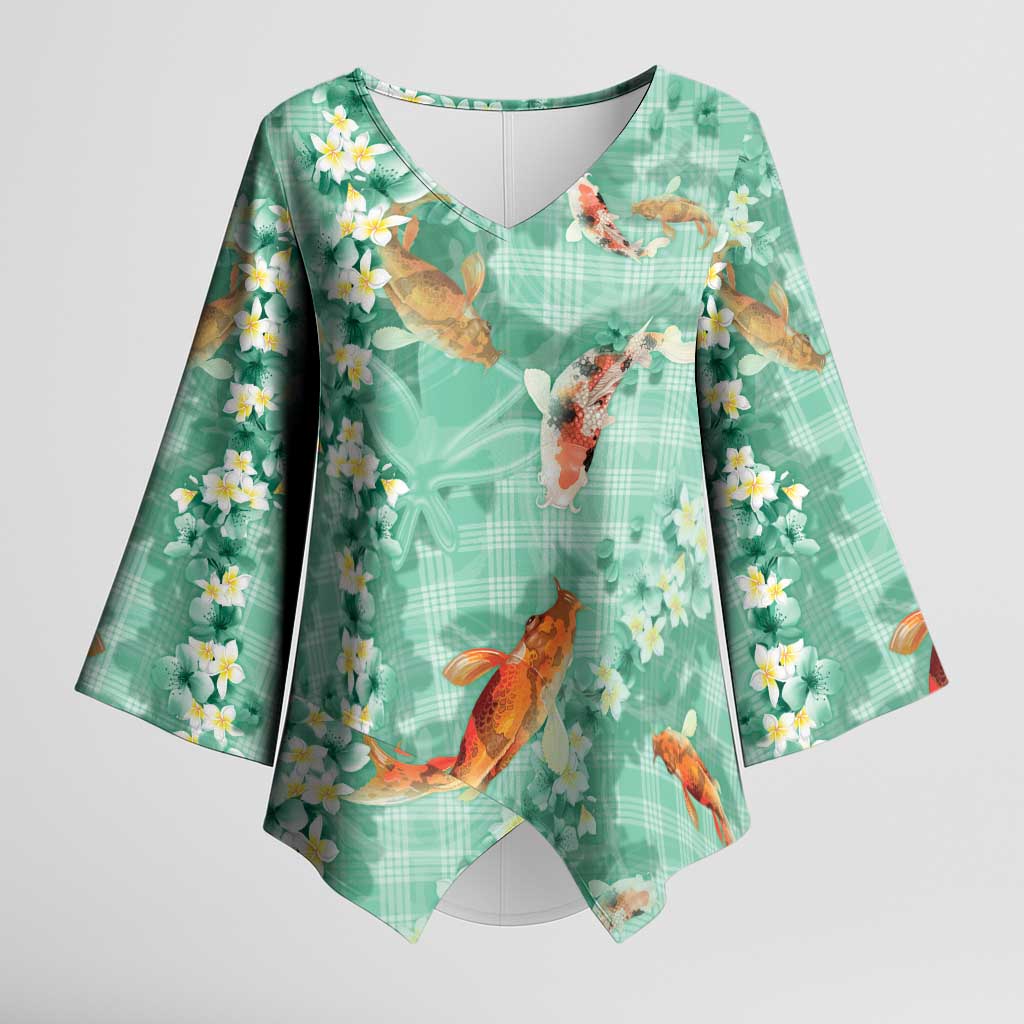 Green Palaka Hawaiian And Japanese Kimono Sleeve Blouse Sakura Lei With Koi Fish DT05 Female Green - Polynesian Pride