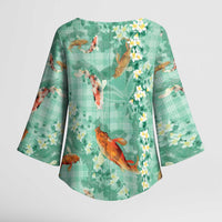Green Palaka Hawaiian And Japanese Kimono Sleeve Blouse Sakura Lei With Koi Fish DT05 - Polynesian Pride
