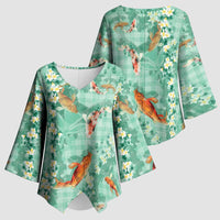Green Palaka Hawaiian And Japanese Kimono Sleeve Blouse Sakura Lei With Koi Fish DT05 - Polynesian Pride