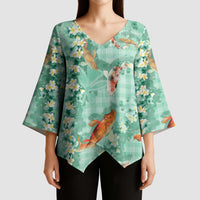 Green Palaka Hawaiian And Japanese Kimono Sleeve Blouse Sakura Lei With Koi Fish DT05 - Polynesian Pride