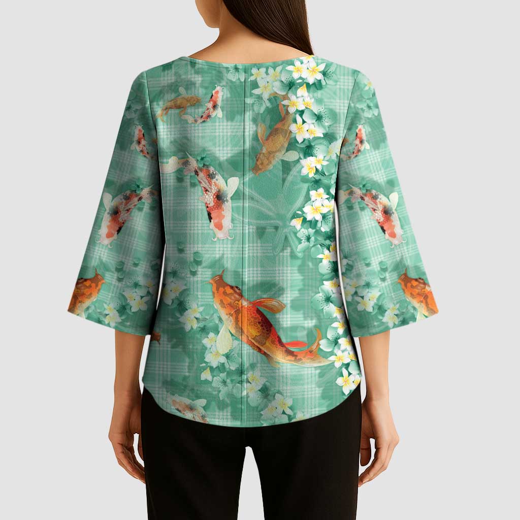 Green Palaka Hawaiian And Japanese Kimono Sleeve Blouse Sakura Lei With Koi Fish DT05 - Polynesian Pride