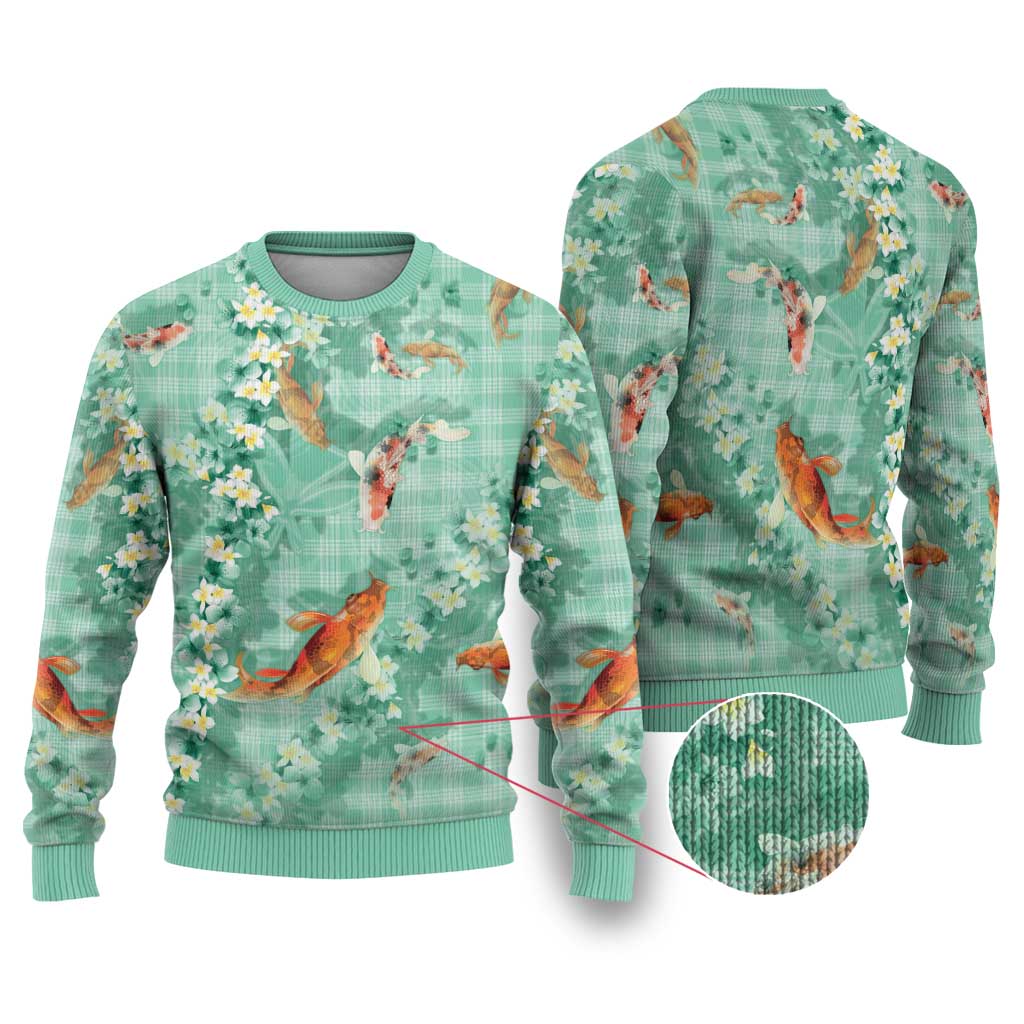 Green Palaka Hawaiian And Japanese Ugly Christmas Sweater Sakura Lei With Koi Fish - Polynesian Pride