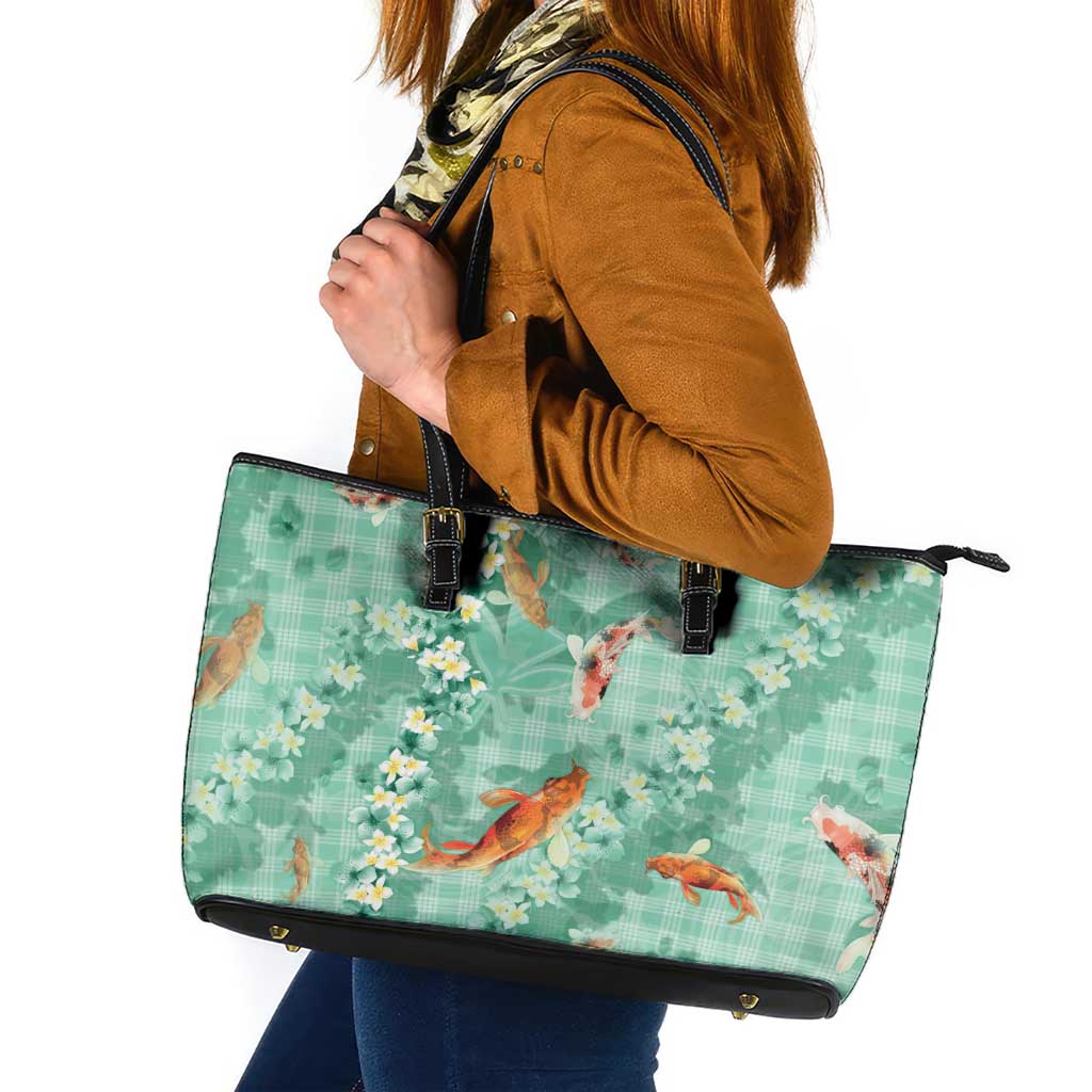 Green Palaka Hawaiian And Japanese Leather Tote Bag Sakura Lei With Koi Fish - Polynesian Pride