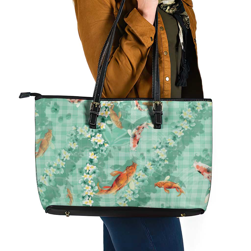 Green Palaka Hawaiian And Japanese Leather Tote Bag Sakura Lei With Koi Fish DT05 - Polynesian Pride