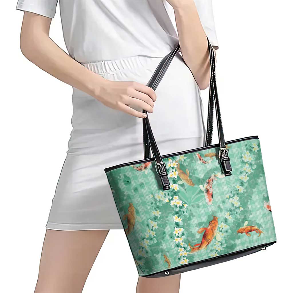 Green Palaka Hawaiian And Japanese Leather Tote Bag Sakura Lei With Koi Fish DT05 - Polynesian Pride