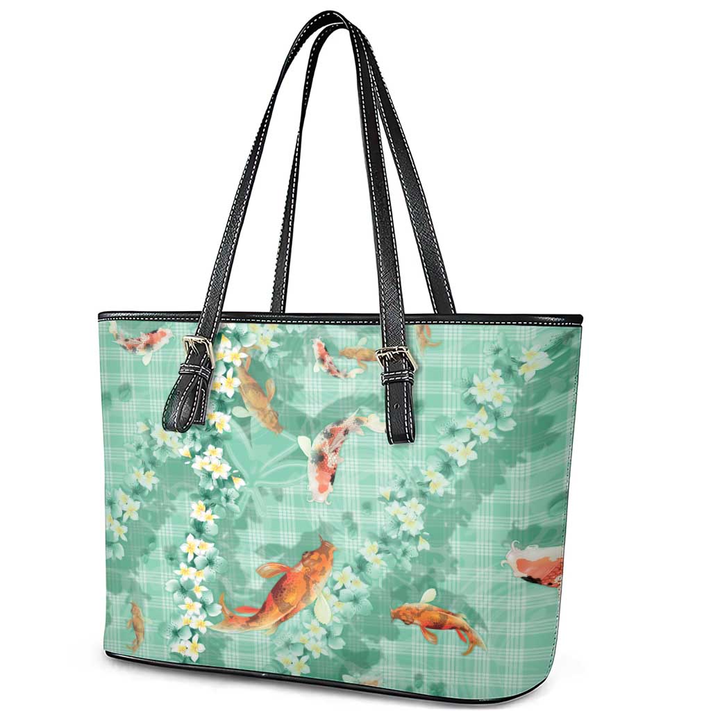 Green Palaka Hawaiian And Japanese Leather Tote Bag Sakura Lei With Koi Fish DT05 - Polynesian Pride