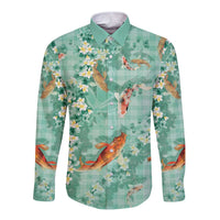 Green Palaka Hawaiian And Japanese Long Sleeve Button Shirt Sakura Lei With Koi Fish DT05 Unisex Green - Polynesian Pride