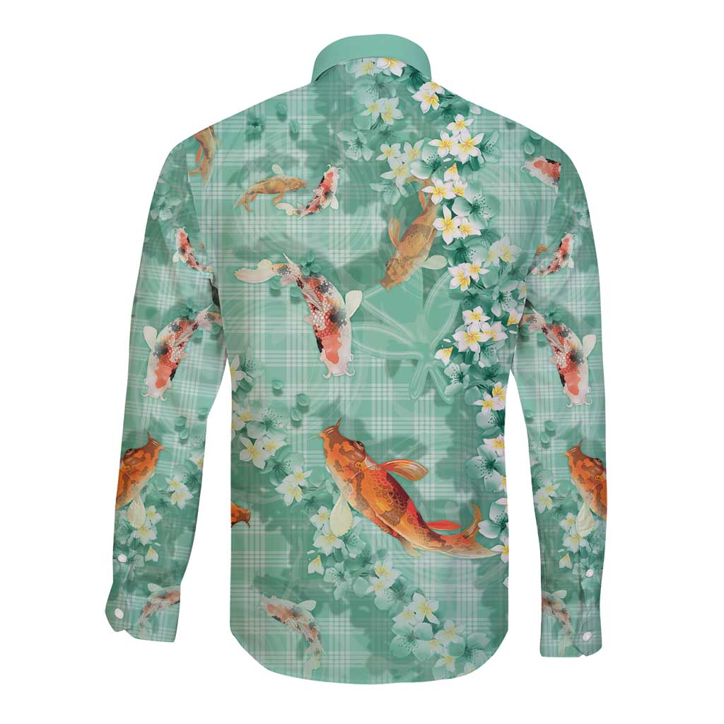 Green Palaka Hawaiian And Japanese Long Sleeve Button Shirt Sakura Lei With Koi Fish DT05 - Polynesian Pride