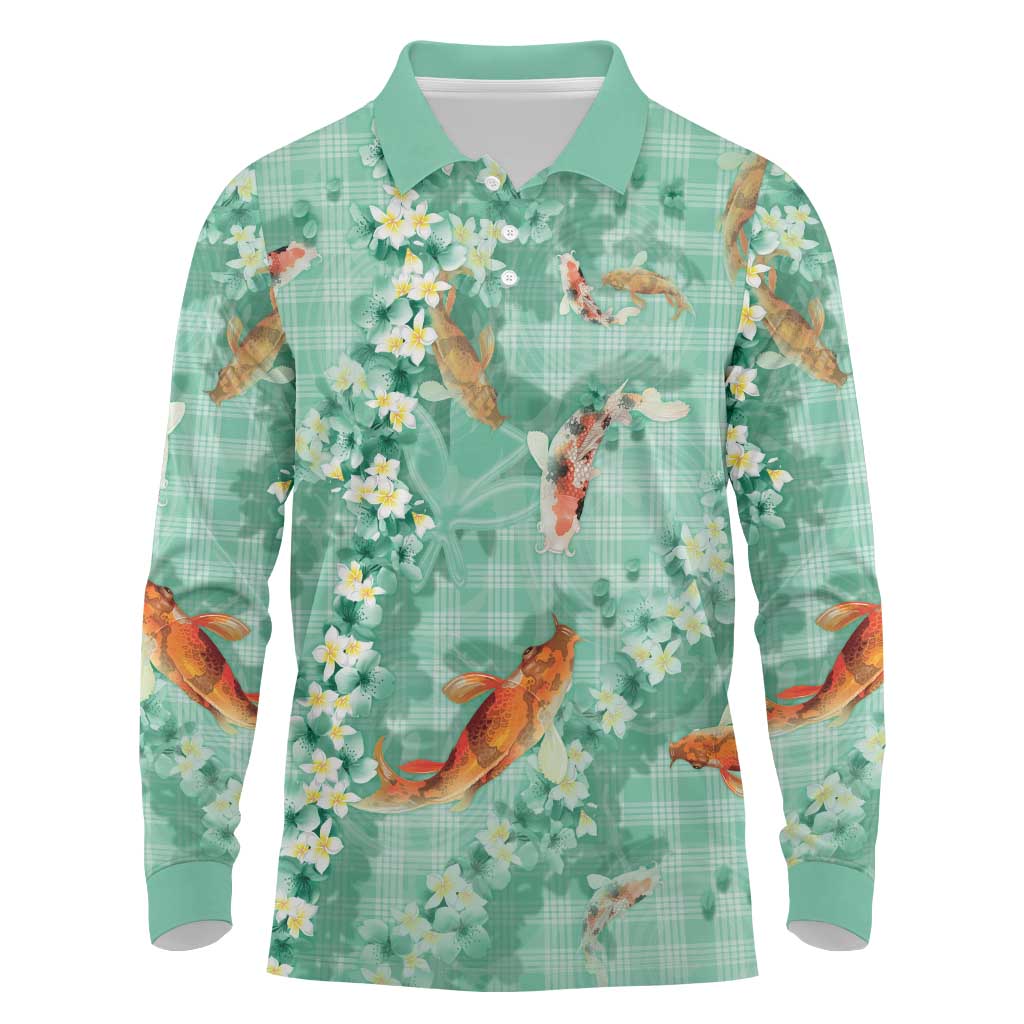 Green Palaka Hawaiian And Japanese Long Sleeve Polo Shirt Sakura Lei With Koi Fish DT05 Green - Polynesian Pride