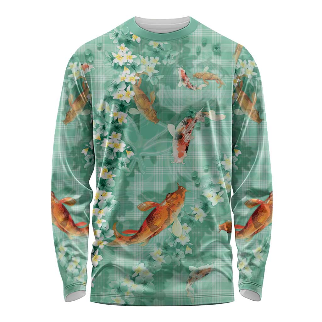 Green Palaka Hawaiian And Japanese Long Sleeve Shirt Sakura Lei With Koi Fish DT05 Unisex Green - Polynesian Pride
