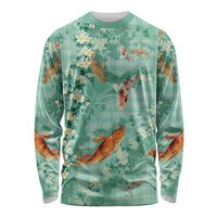 Green Palaka Hawaiian And Japanese Long Sleeve Shirt Sakura Lei With Koi Fish DT05 Unisex Green - Polynesian Pride