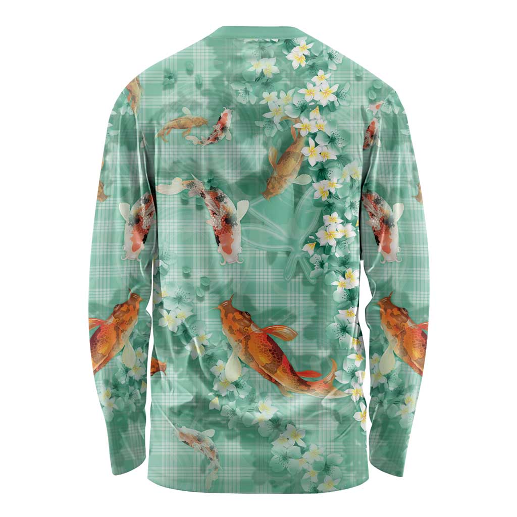 Green Palaka Hawaiian And Japanese Long Sleeve Shirt Sakura Lei With Koi Fish DT05 - Polynesian Pride