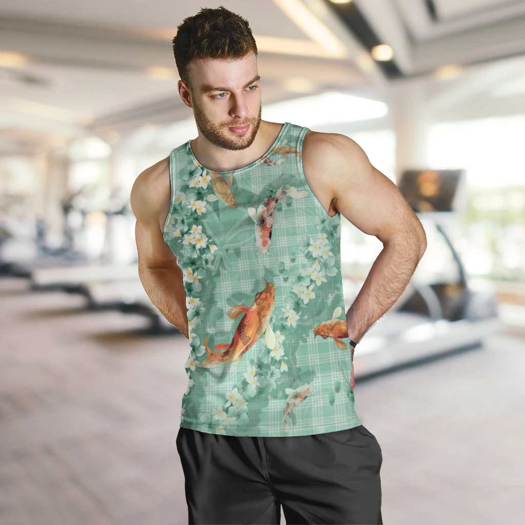 Green Palaka Hawaiian And Japanese Men Tank Top Sakura Lei With Koi Fish DT05 Green - Polynesian Pride