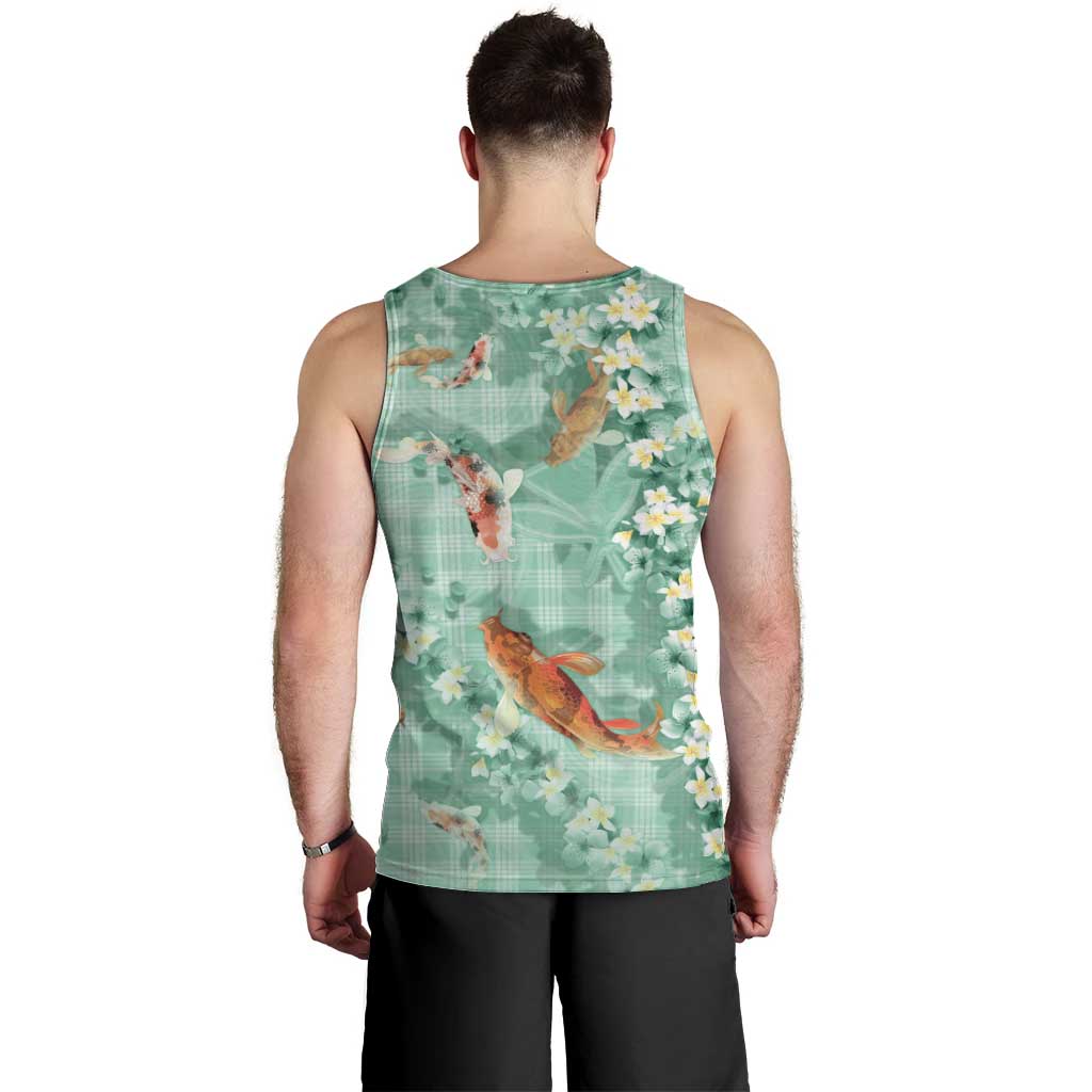 Green Palaka Hawaiian And Japanese Men Tank Top Sakura Lei With Koi Fish DT05 - Polynesian Pride