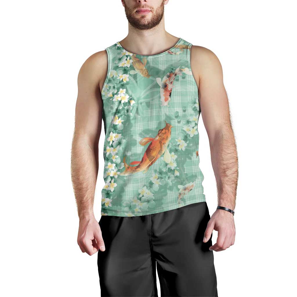 Green Palaka Hawaiian And Japanese Men Tank Top Sakura Lei With Koi Fish DT05 - Polynesian Pride