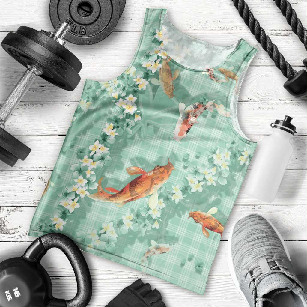 Green Palaka Hawaiian And Japanese Men Tank Top Sakura Lei With Koi Fish DT05 - Polynesian Pride