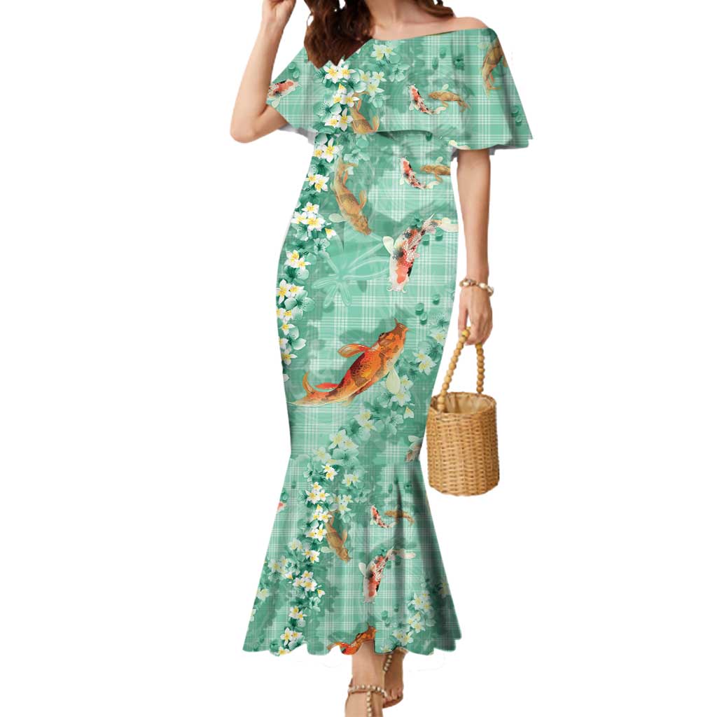 Green Palaka Hawaiian And Japanese Mermaid Dress Sakura Lei With Koi Fish - Polynesian Pride