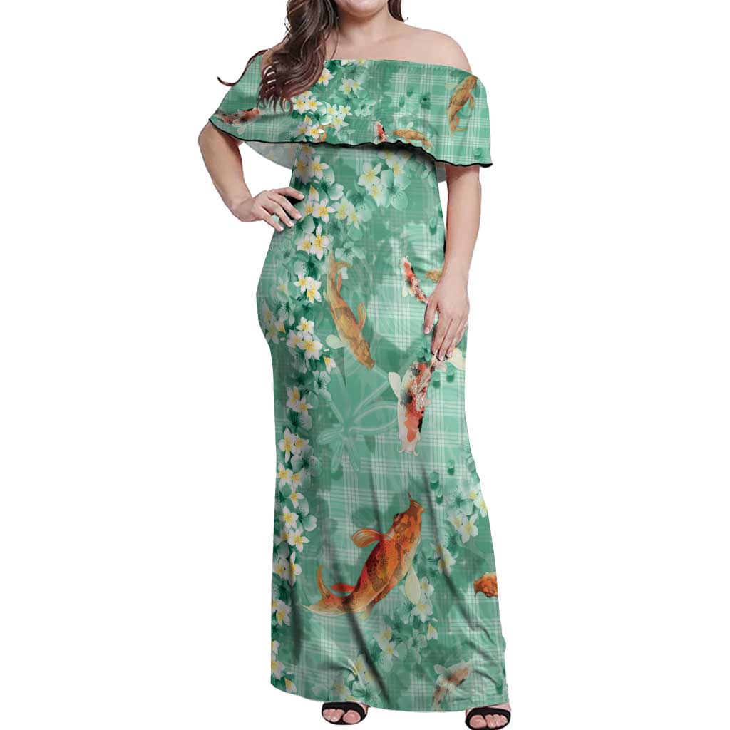 Green Palaka Hawaiian And Japanese Off Shoulder Maxi Dress Sakura Lei With Koi Fish - Polynesian Pride