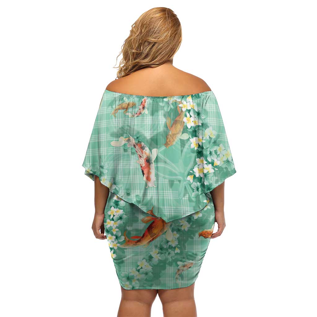 Green Palaka Hawaiian And Japanese Off Shoulder Short Dress Sakura Lei With Koi Fish - Polynesian Pride