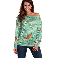 Green Palaka Hawaiian And Japanese Off Shoulder Sweater Sakura Lei With Koi Fish - Polynesian Pride