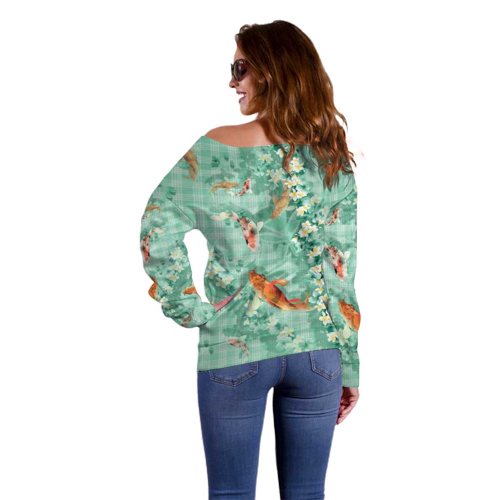 Green Palaka Hawaiian And Japanese Off Shoulder Sweater Sakura Lei With Koi Fish - Polynesian Pride