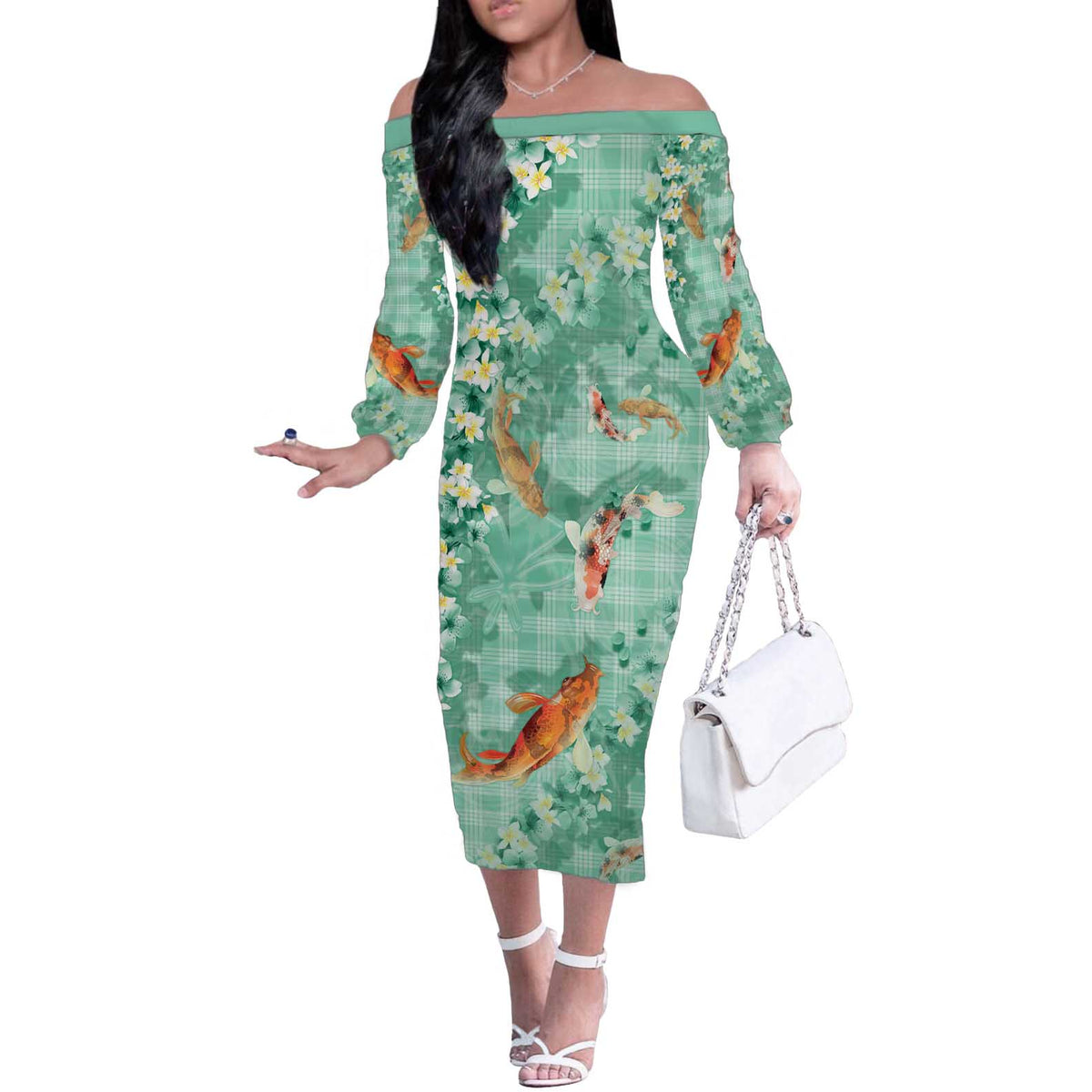 Green Palaka Hawaiian And Japanese Off The Shoulder Long Sleeve Dress Sakura Lei With Koi Fish - Polynesian Pride