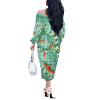 Green Palaka Hawaiian And Japanese Off The Shoulder Long Sleeve Dress Sakura Lei With Koi Fish - Polynesian Pride