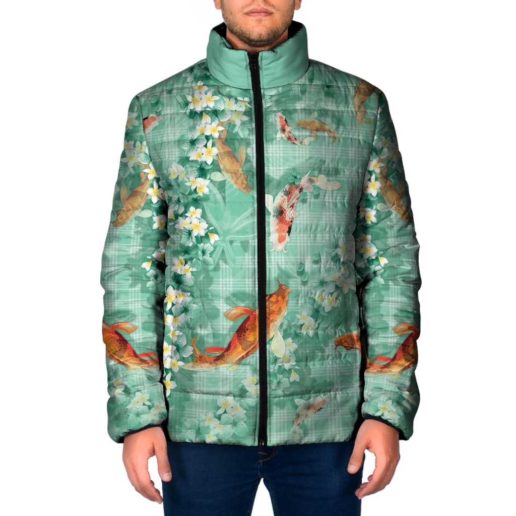 Green Palaka Hawaiian And Japanese Padded Jacket Sakura Lei With Koi Fish DT05 Men Green - Polynesian Pride