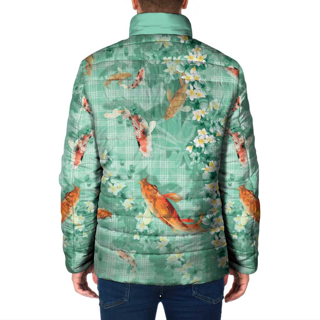 Green Palaka Hawaiian And Japanese Padded Jacket Sakura Lei With Koi Fish DT05 - Polynesian Pride