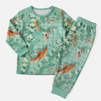 Green Palaka Hawaiian And Japanese Christmas Pajama Set Sakura Lei With Koi Fish - Polynesian Pride