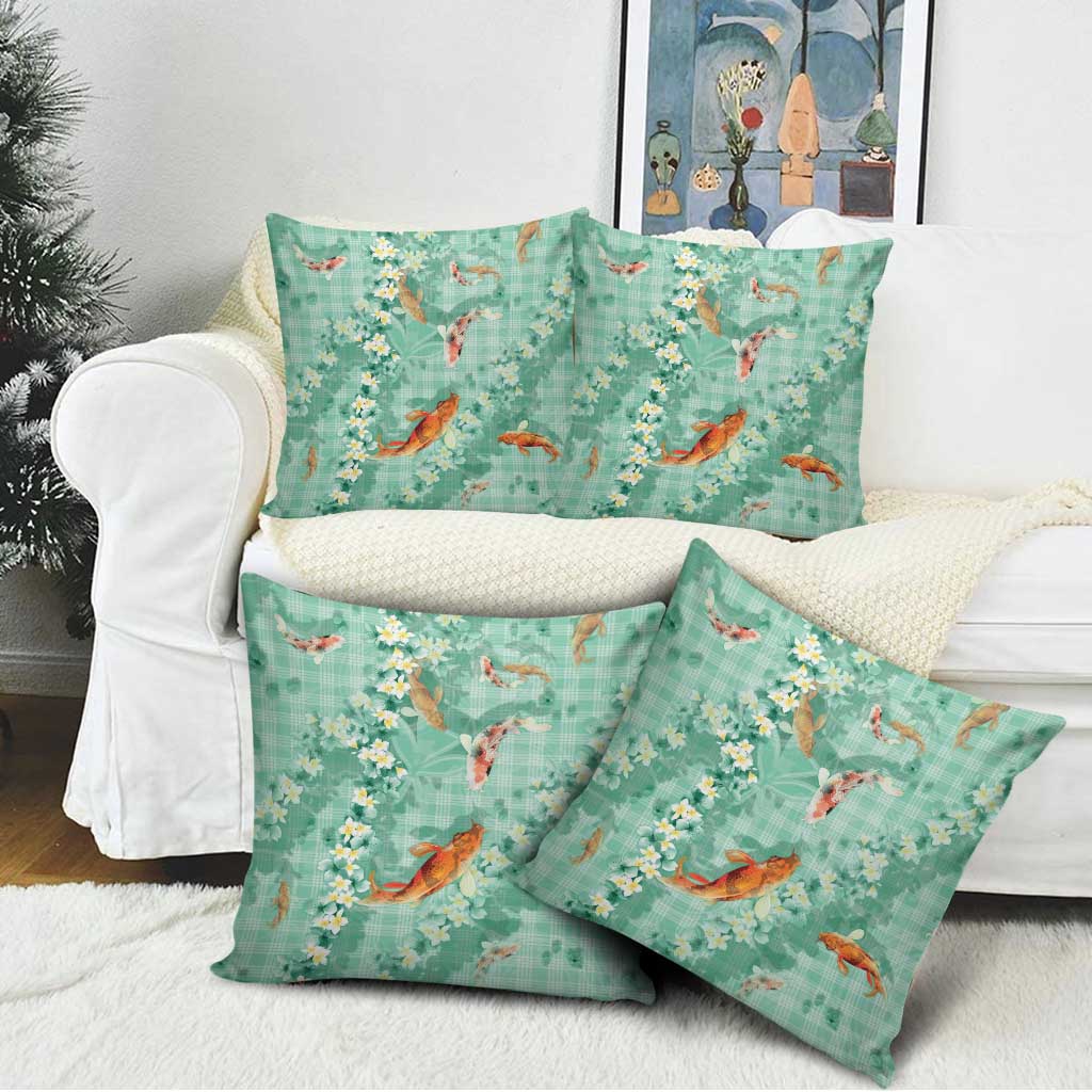 Green Palaka Hawaiian And Japanese Pillow Cover Sakura Lei With Koi Fish - Polynesian Pride