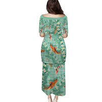 Green Palaka Hawaiian And Japanese Puletasi Sakura Lei With Koi Fish - Polynesian Pride