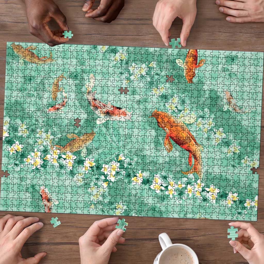 Green Palaka Hawaiian And Japanese Puzzle Sakura Lei With Koi Fish DT05 - Polynesian Pride