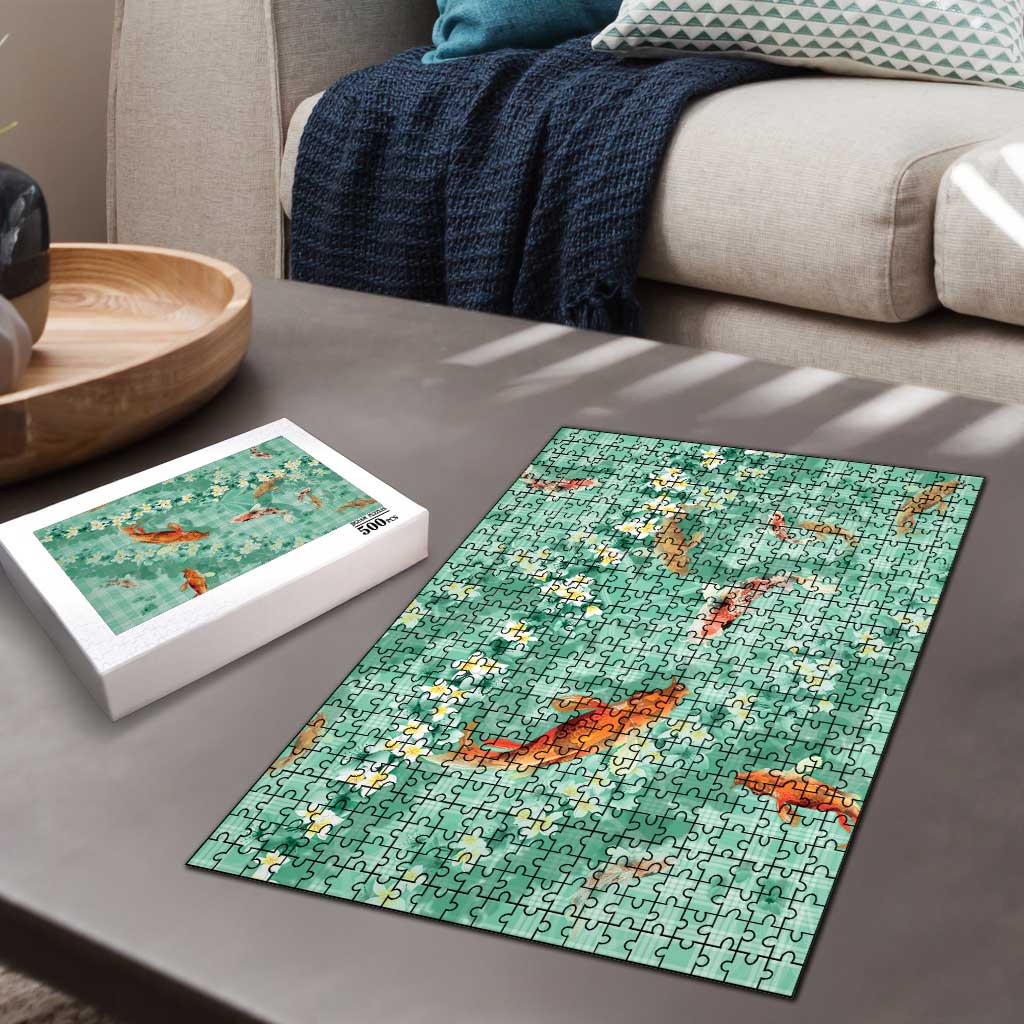 Green Palaka Hawaiian And Japanese Puzzle Sakura Lei With Koi Fish DT05 - Polynesian Pride