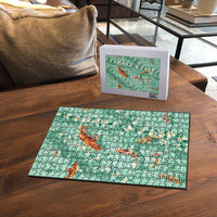 Green Palaka Hawaiian And Japanese Puzzle Sakura Lei With Koi Fish DT05 - Polynesian Pride