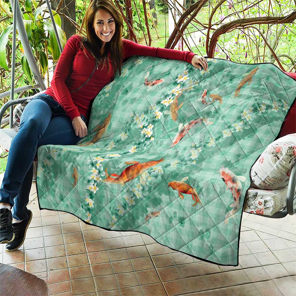 Green Palaka Hawaiian And Japanese Quilt Sakura Lei With Koi Fish - Polynesian Pride