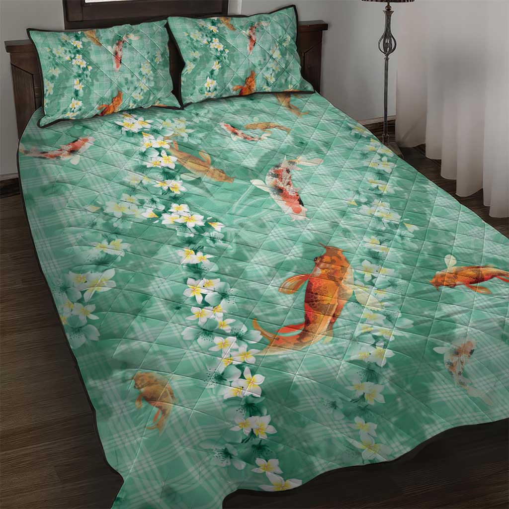 Green Palaka Hawaiian And Japanese Quilt Bed Set Sakura Lei With Koi Fish - Polynesian Pride