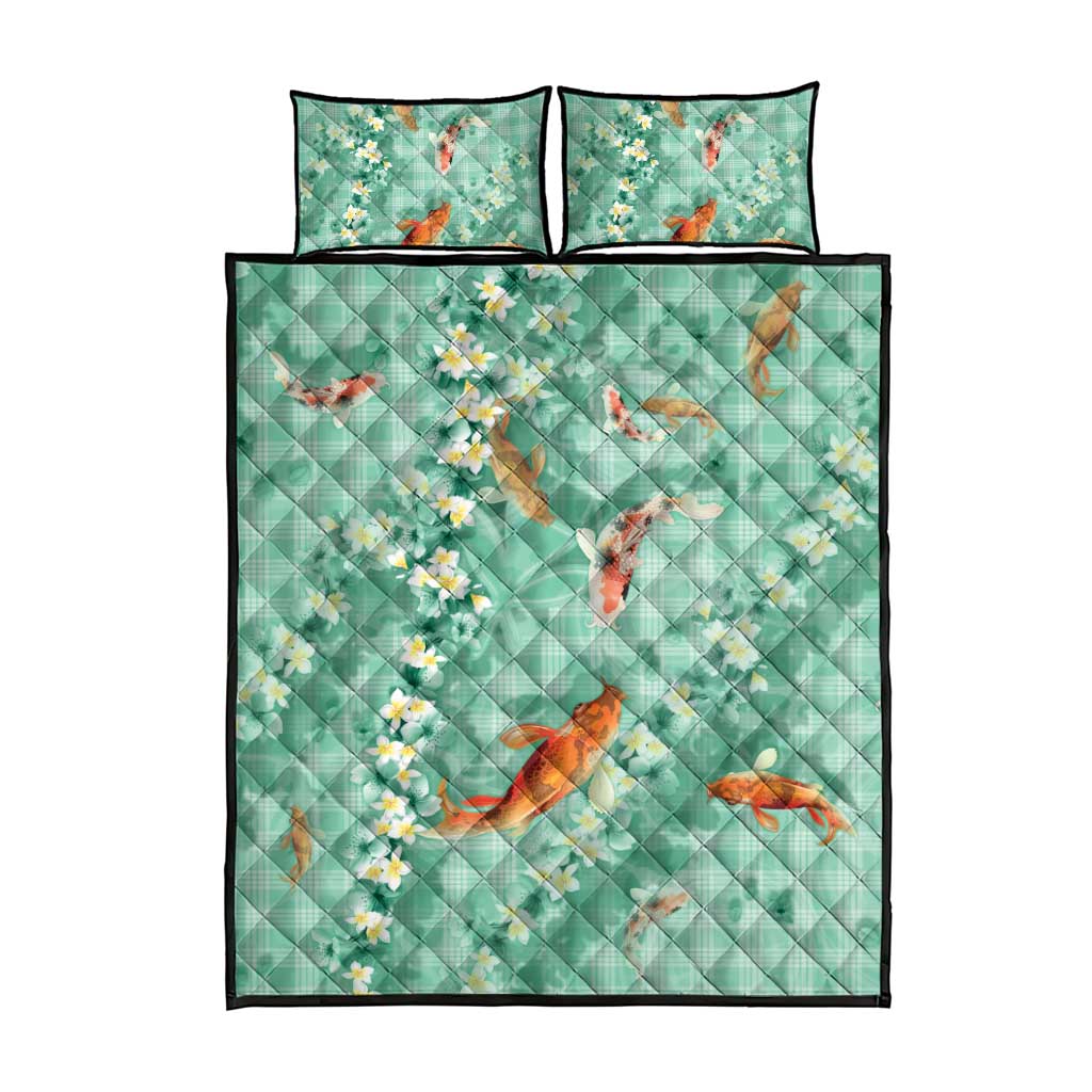 Green Palaka Hawaiian And Japanese Quilt Bed Set Sakura Lei With Koi Fish - Polynesian Pride