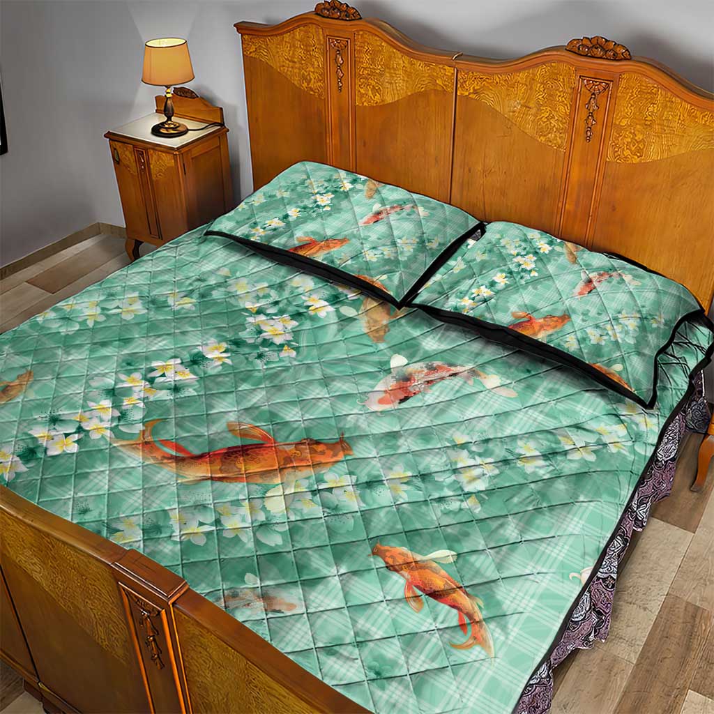 Green Palaka Hawaiian And Japanese Quilt Bed Set Sakura Lei With Koi Fish - Polynesian Pride